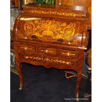 Elegant Marquetry Cylinder Fronted Bureau Desk