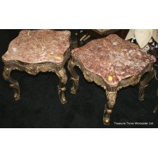 Pair Rouge Marble Topped Carved Wood Gilt Occasional Tables