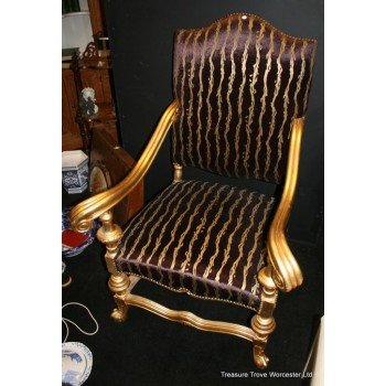 Gilt Purple & Gold Silk Upholstered Throne Chair