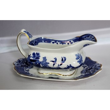Blue And White Willow Pattern Sauce Boat On Stand