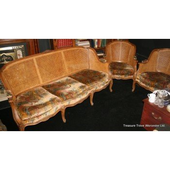 French Bergere Cane 3-Piece Suite Sofa, 2 Armchairs