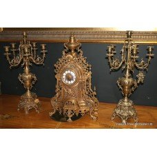 Ornate Louis Style French Brass Garniture Clock Set