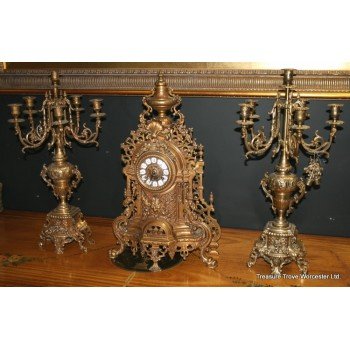 Ornate Louis Style French Brass Garniture Clock Set