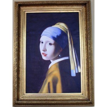 Large Portrait After Vermeer Oil on Canvas Set In Gilt Frame 