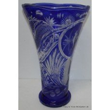 Tall Blue Cut Glass Crystal Bird Vase