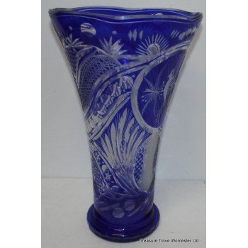 Tall Blue Cut Glass Crystal Bird Vase