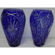 Pair of Fine Blue Cut Glass Overlay Crystal Vases