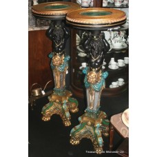 Pair Venetian Style Cherub Malachite Pedestals