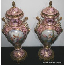 Magnificent Pair of Hand Painted Sevres Style Lidded Urns