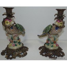 Pair of Meissen Style Parrot Candlesticks with Heavy Ormolu Mounts