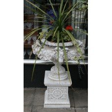 Pair of White Ram's Head Classical Style Garden Urns on Stands