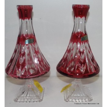 Pair of Vintage Polish Ruby Overlay Crystal Vases