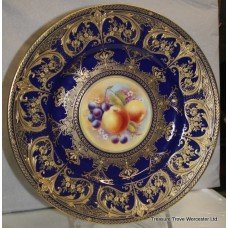 Royal Worcester 10 1/2" Hand Painted Fruit Plate Heavily Gilded Blue J.Skerrett