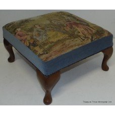 Blue Velvet Stud Surround Tapestry Footstool