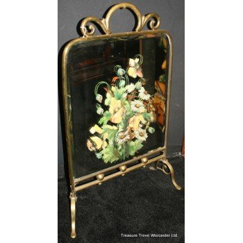 Victorian Brass Mirrored Hand Painted Floral Fire Screen