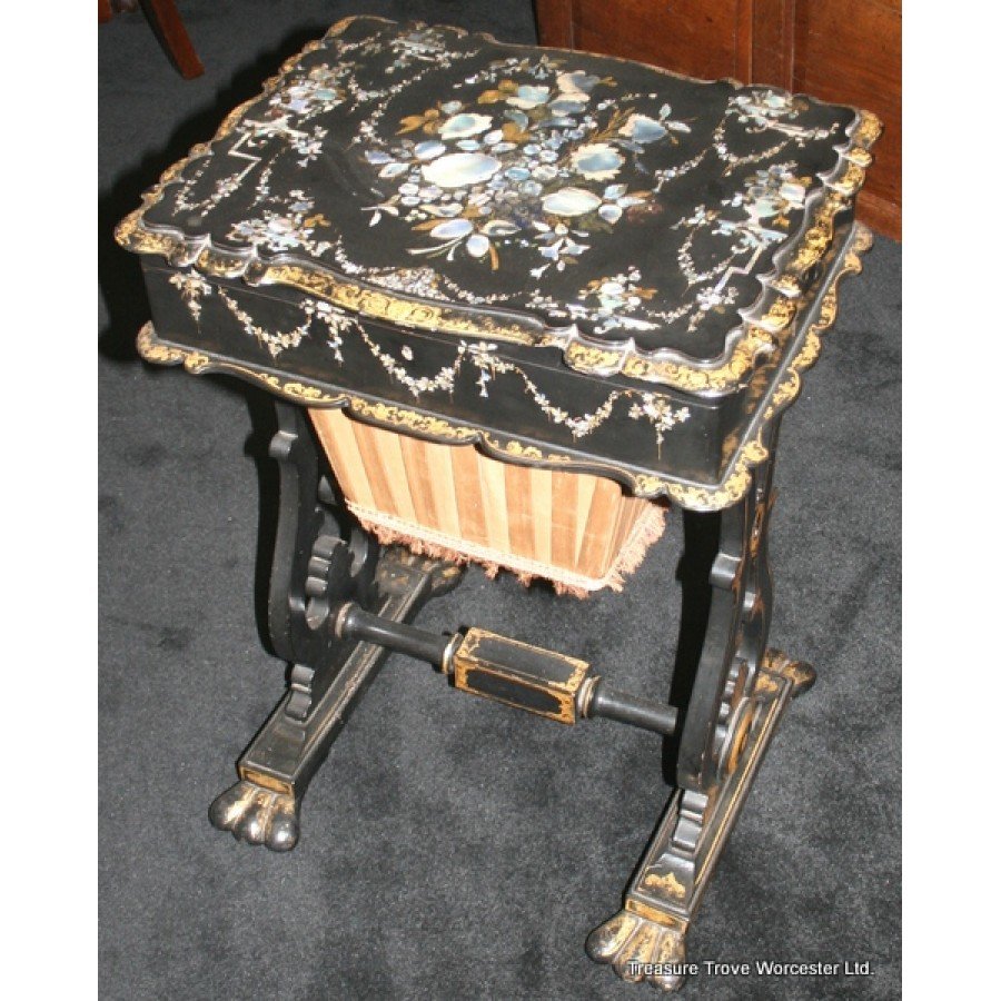 Victorian Sewing Table Papier Mache Mother Of Pearl