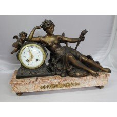 French Spelter & Rouge Marble Mantle Clock c.1920