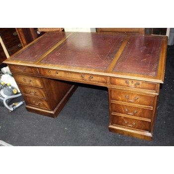 Antique Style Mahogany Burgundy Leather Topped Pedestal Desk