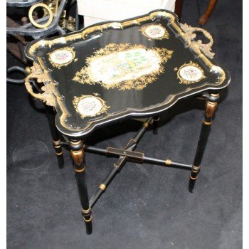 Black Lacquer & Gilt Chinoiserie Porcelain Serving Tray Table  