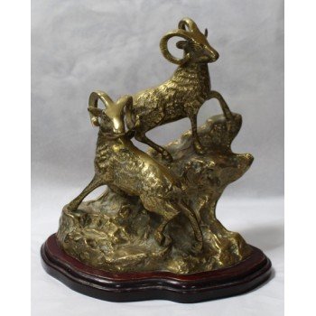 Brass Rams Sculpture on Wooden Plinth