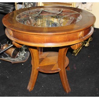 Carved Wood Circular Glass Topped Coffee Table Wine Table