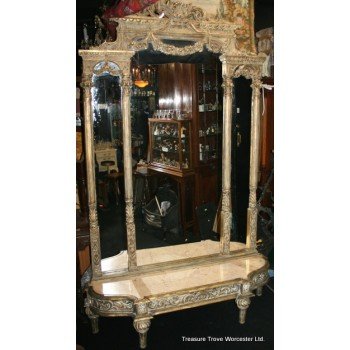 Carved Wood 8ft Ornate Mirror on Low Marble Topped Console Table