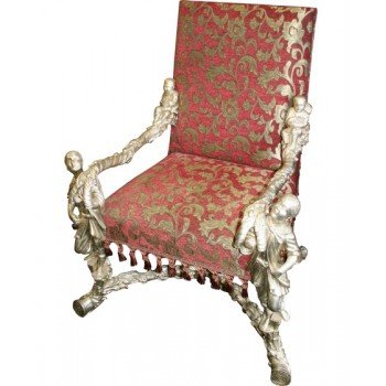 Ornate Carved Wood Silver Leaf Throne Chair