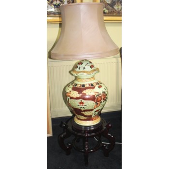 Chinese Porcelain Lamp with Shade on Carved Wood Stand