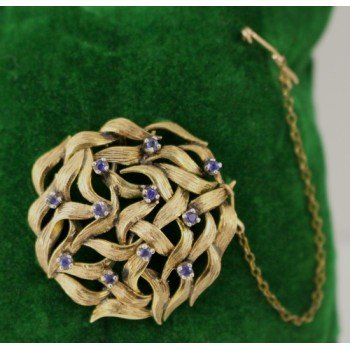 Circular Openwork Sapphire Set 14ct Gold Brooch