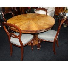 Circualr Victorian Walnut Centre Table & 4 Matched Mahogany Dining Chairs