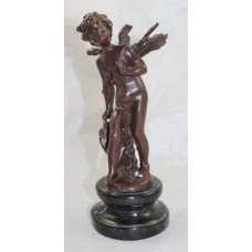 Classical Style Bronze Cherub on Marble Base Statue