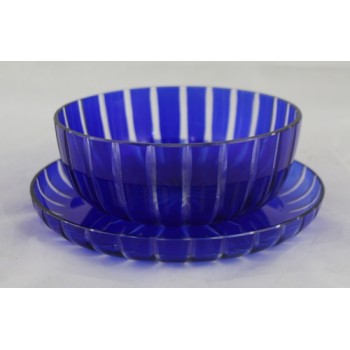 Cobalt Blue Cut Glass Overlay Crystal Bowl on Stand