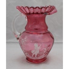 Victorian Painted Mary Gregory Cranberry Glass Jug