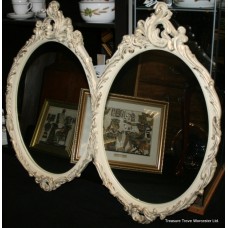 Carved Painted Cream & Gilt French Double Oval Mirror