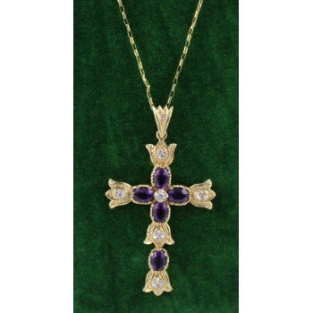 Diamond & Amethyst Gold Cross on Chain