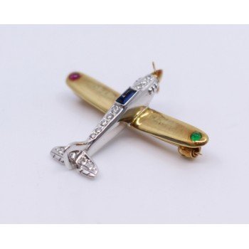 Diamond & Semi Precious Stone Set Gold Aeroplane Brooch