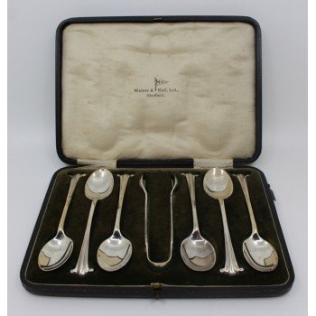 Early 20th c. Cased Solid Silver Set of 6 Tea Spoons & Sugar Tongs