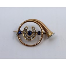 Edwardian Diamond & Sapphire Gold Hunting Horn Brooch