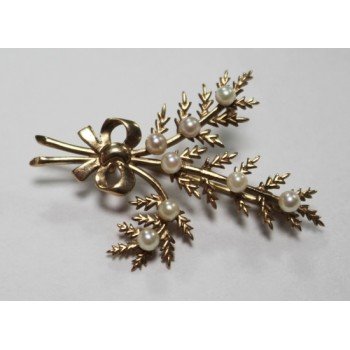 Fine 9ct Gold & Pearl Fern Leaf Brooch