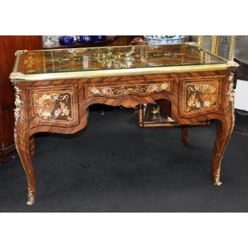Fine Inlaid Louis XV Style Bureau Plat Writing Table Desk