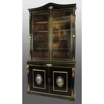 French Brass Inlaid Ebonized Bookcase with Sevres Plaques c.1820