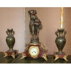 Late 19th c. French Imitation Bronze Spelter & Marble Clock Garniture Set
