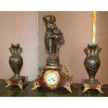 Late 19th c. French Imitation Bronze Spelter & Marble Clock Garniture Set