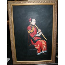 Geisha Girl Playing Flute Genuine Painting Set in Gilt Frame