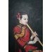 Geisha Girl Playing Flute Genuine Painting Set in Gilt Frame