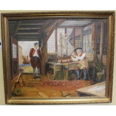 Shipmaker Genre Painting Signed H.Keen Set in Gilt Frame