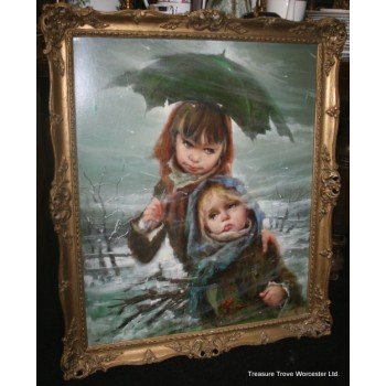 'Children in the Snow' by Armando Gentilini (Italian, 20th c.) Oil on Canvas