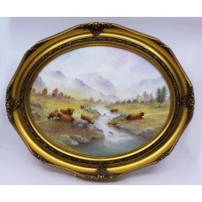 Grazing Highland Cattle Oval Porcelain Plaque by M.Powell