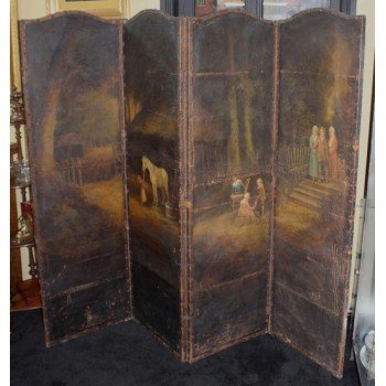 Interesting Antique Hand Painted Four Fold Leather Bound Dressing Screen