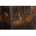 Interesting Antique Hand Painted Four Fold Leather Bound Dressing Screen